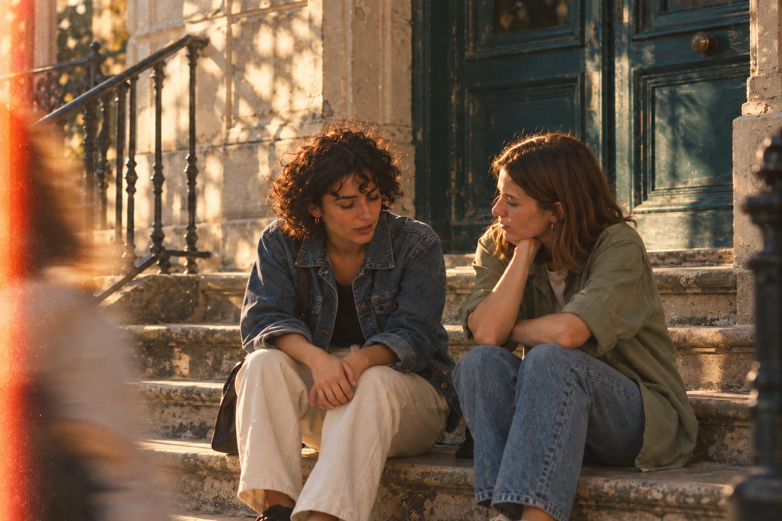 Two young women talking on sunlit stone steps outside an old building, one with curly hair and a denim jacket, hands resting on her knee, while her friend listens, chin in hand.
